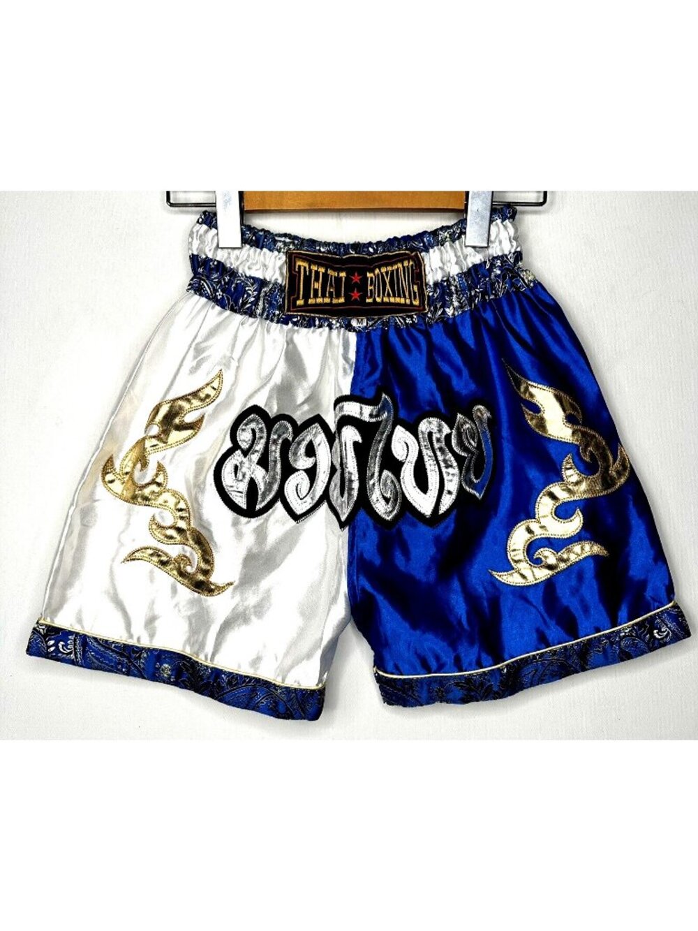 Muay Thai Fight Shorts Youth M Blue Gold Kickboxing MMA Training Satin Style